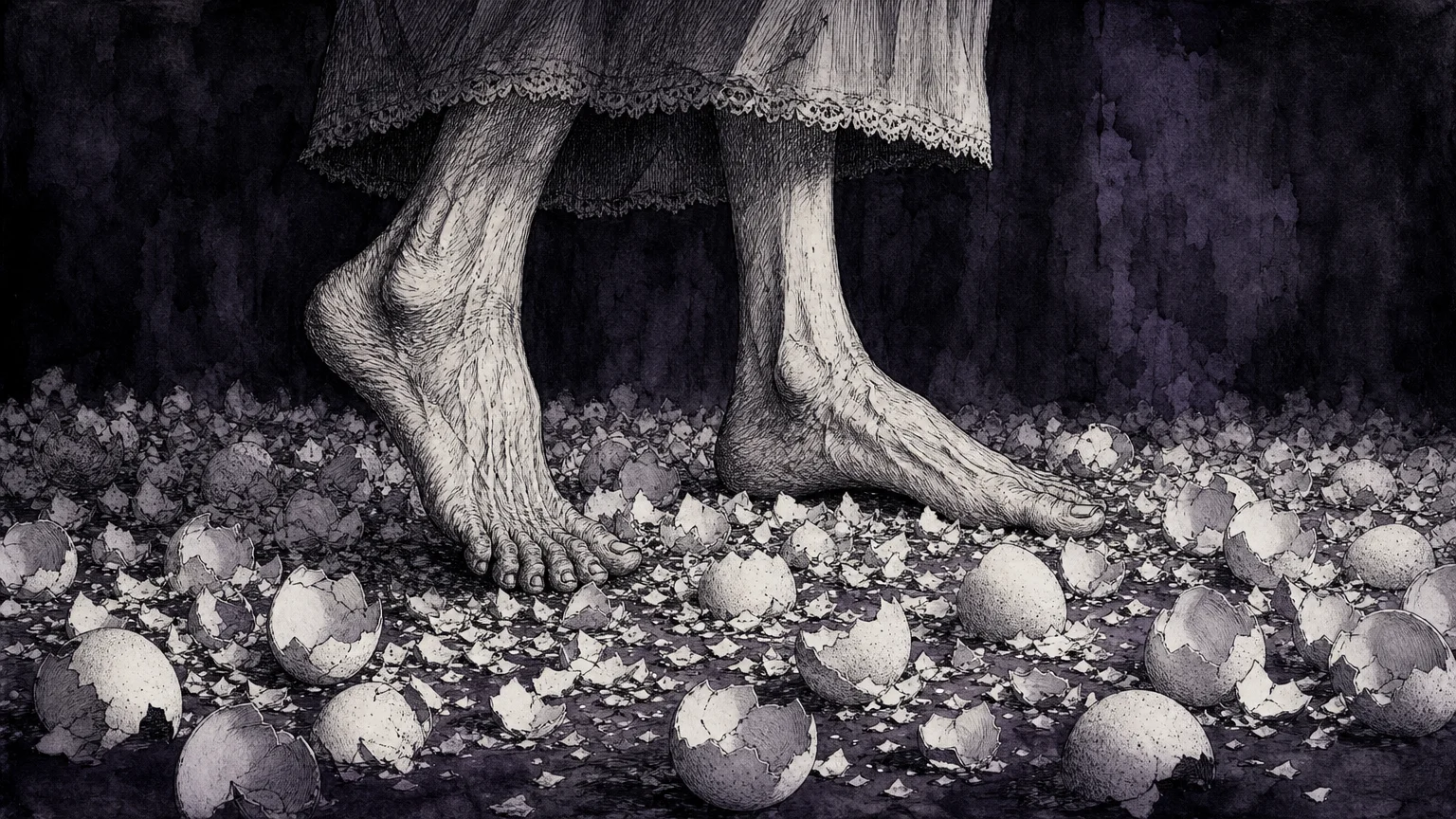 An ink drawing of feet walking over a floor covered in fragile eggshells, representing the constant tension of an abusive relationship.