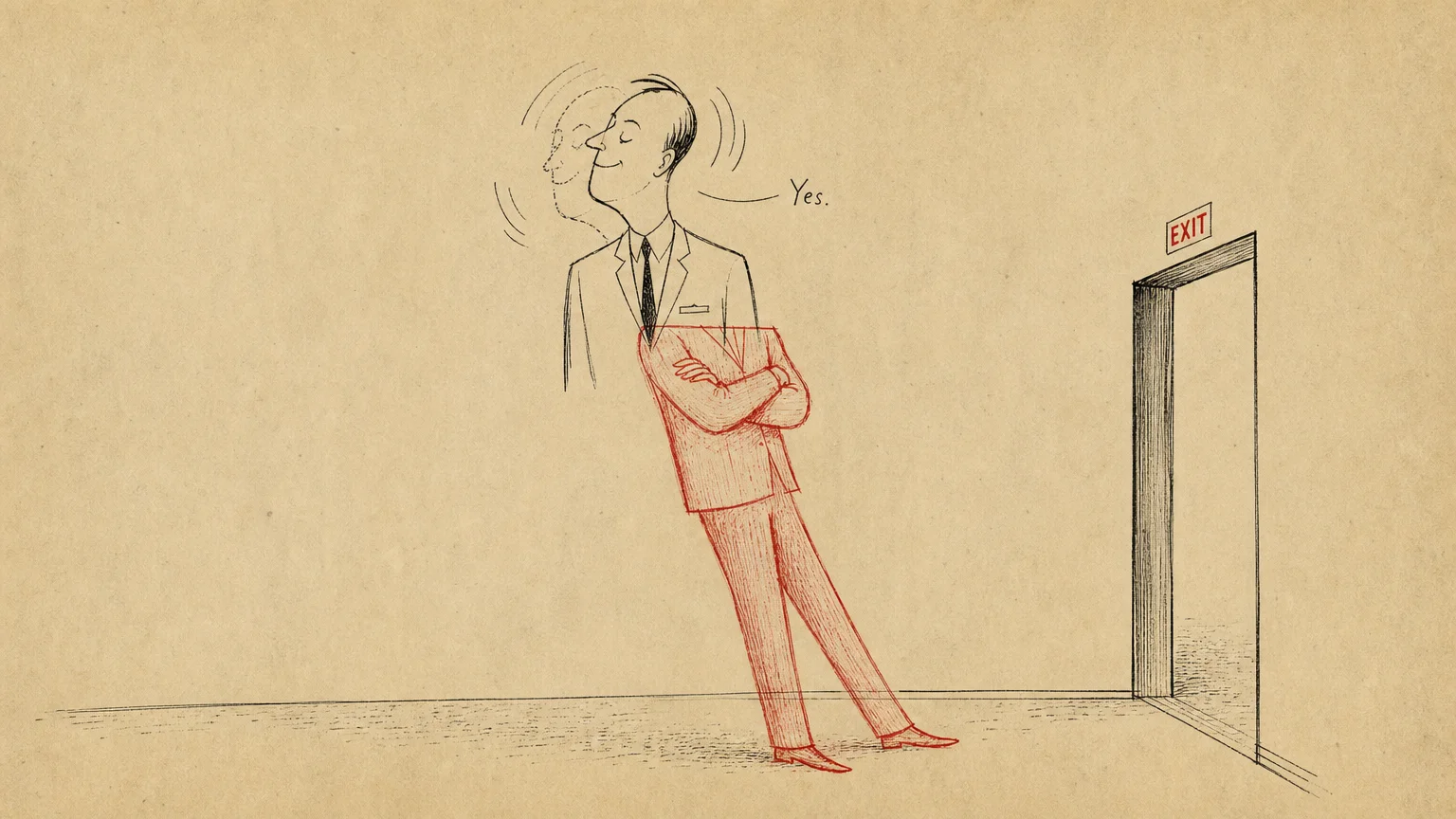 An ink sketch showing a person nodding 'yes' while their body is simultaneously drawn in a closed, defensive 'no' posture.
