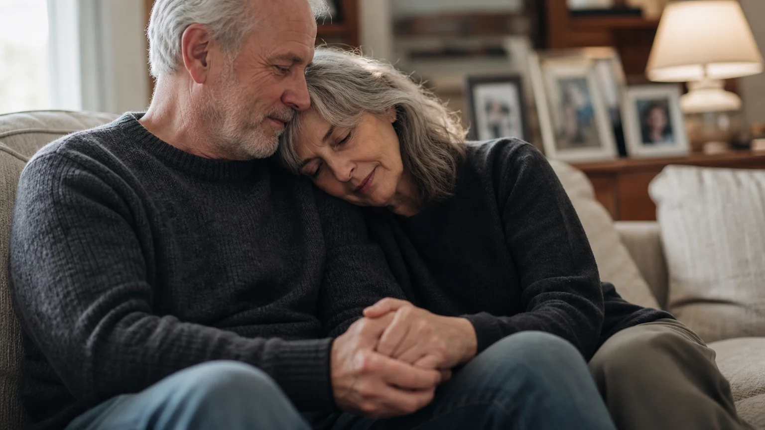 An intimate, unposed photo of an older couple comforting each other on a sofa, capturing a quiet moment of emotional safety.