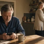 An older man looks at his phone while a woman watches him suspiciously from across a sunlit kitchen, capturing a moment of relational tensio