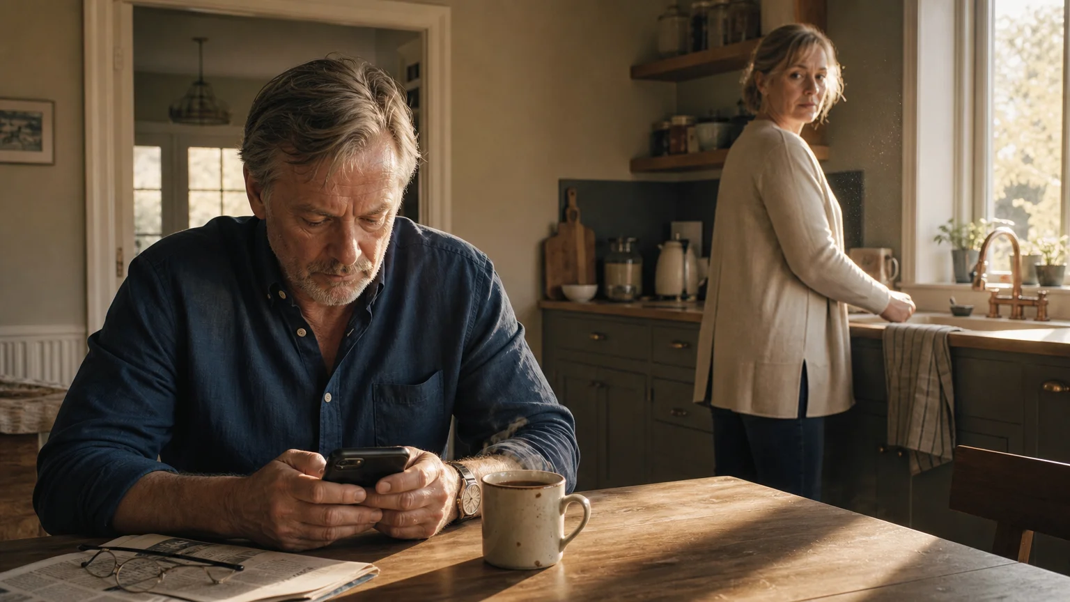 An older man looks at his phone while a woman watches him suspiciously from across a sunlit kitchen, capturing a moment of relational tensio