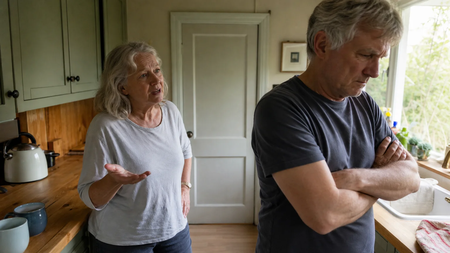An older woman attempts to talk to her husband in the kitchen, but he turns away with crossed arms and a defensive expression.