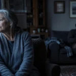 An older woman looking lonely by a rainy window while her husband in the background ignores her, focusing on his tablet with headphones on.