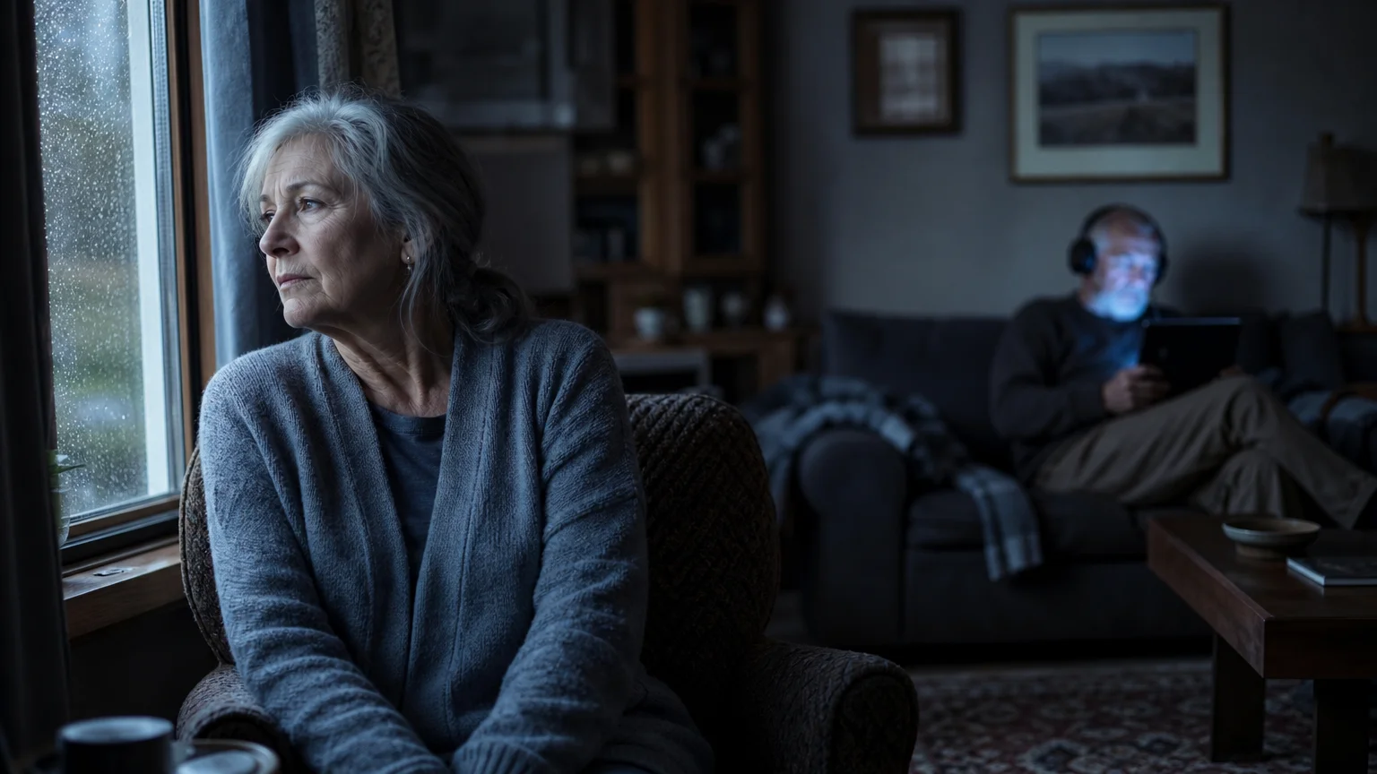 An older woman looking lonely by a rainy window while her husband in the background ignores her, focusing on his tablet with headphones on.