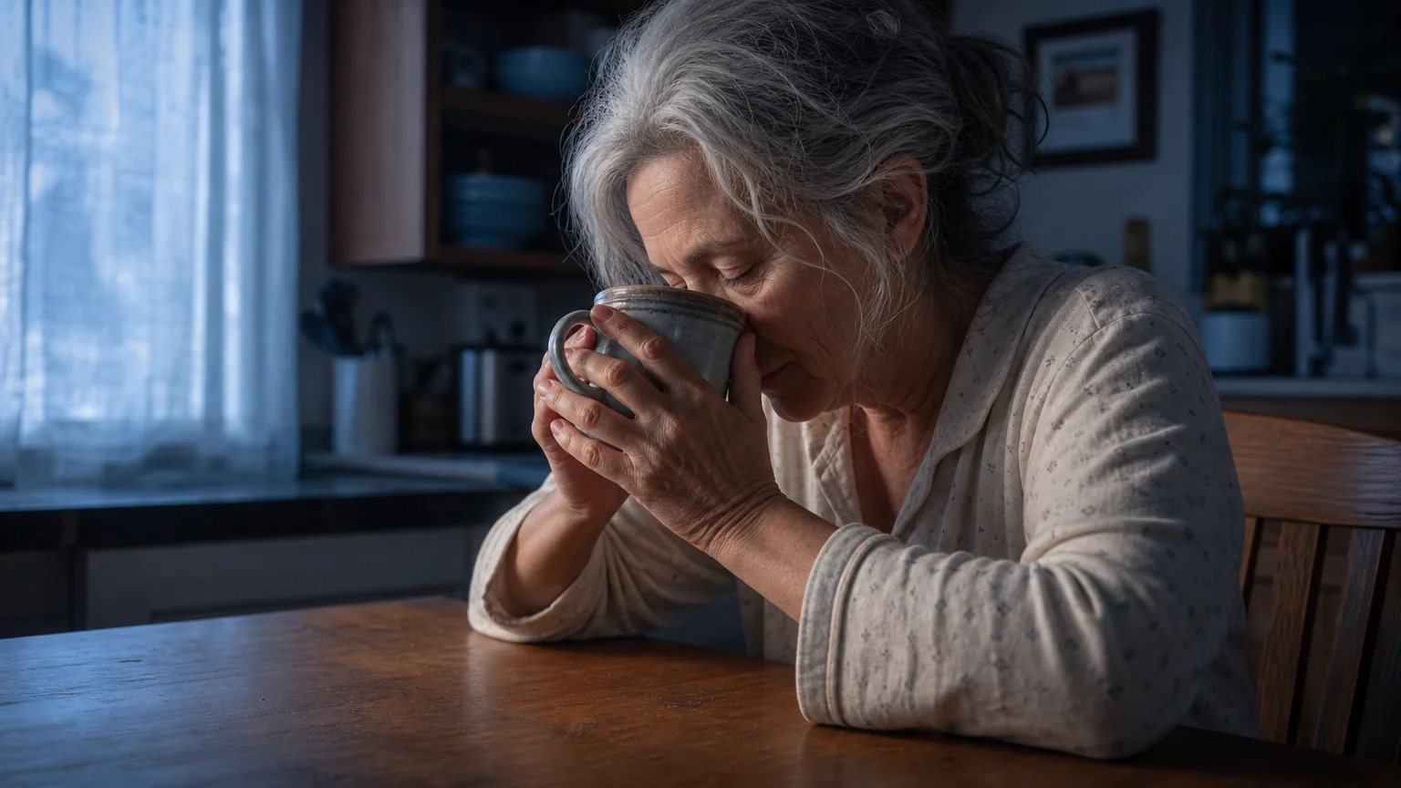 An older woman sits alone at a kitchen table in the blue dawn light, resting her forehead on her coffee mug in deep exhaustion.
