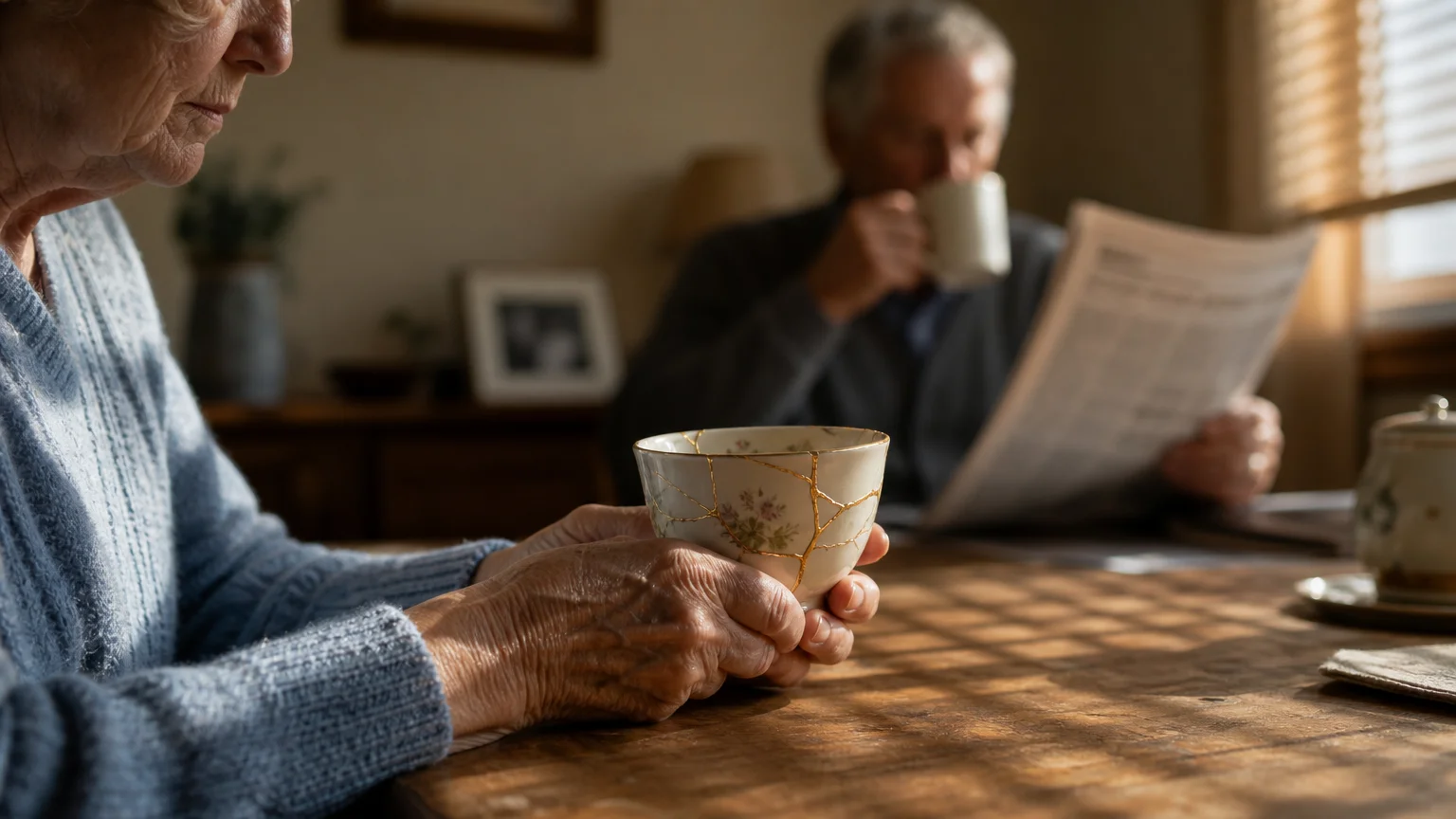 An older woman's hands hold a cracked, glued teacup in the foreground while her husband reads a newspaper in the background, unbothered.