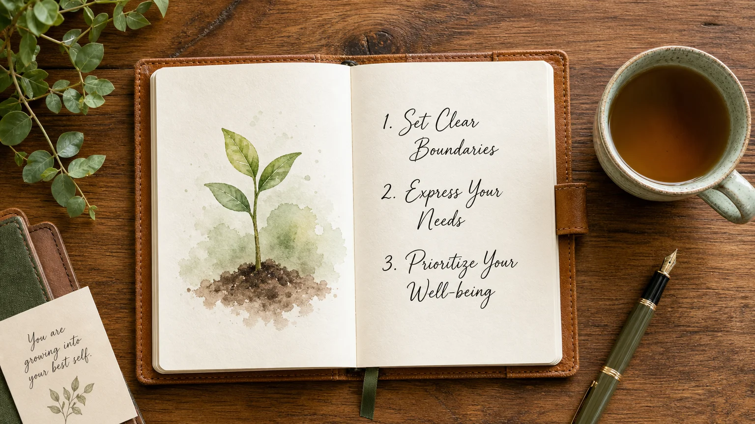 An open journal on a desk showing handwritten steps: 'Set Clear Boundaries', 'Express Your Needs', 'Prioritize Your Well-being'.
