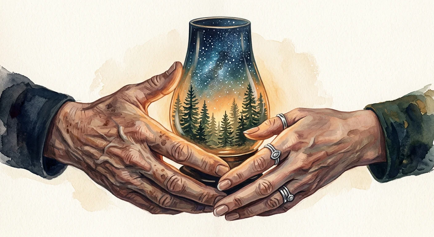 A conceptual illustration of two older hands holding a glowing glass lantern that contains a tiny, starry forest landscape.