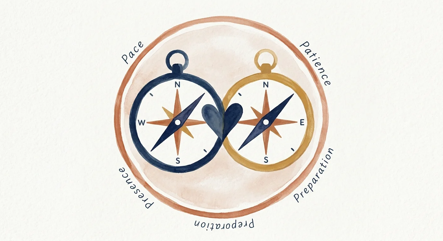 A conceptual watercolor illustration of two compasses pointing at each other inside a circle labeled Pace, Patience, and Preparation.