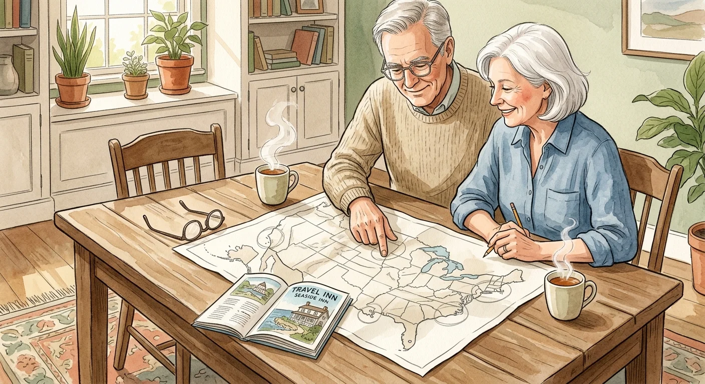 A cozy gouache illustration of an older couple sitting at a wooden table, happily mapping out their next travel destination together.