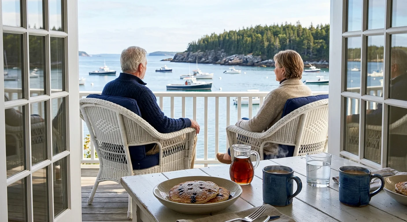 A fresh blueberry pancake breakfast on a veranda in Bar Harbor, Maine, looking out at an older couple watching lobster boats in the harbor.