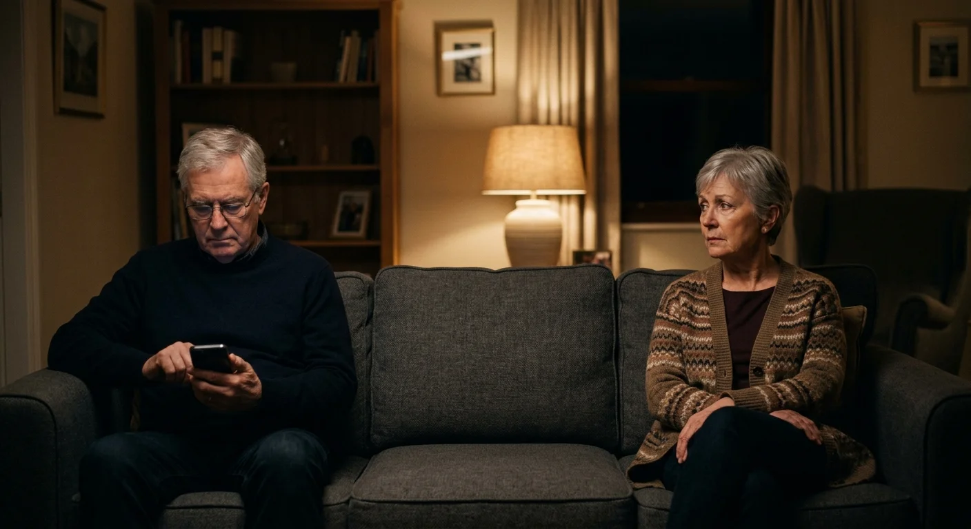 A senior couple sitting far apart on a couch at night, one looking at a phone with a cold expression while the other looks on sadly.