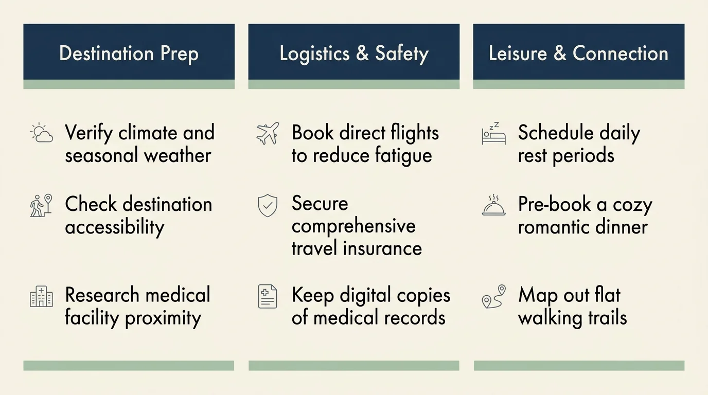 An elegant, clean horizontal travel planning checklist infographic with three columns: Destination Prep, Logistics & Safety, and Leisure.