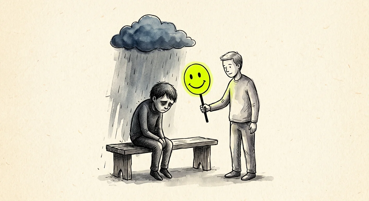 An illustration of a sad person under a raincloud being handed a bright yellow smiley-face mask.