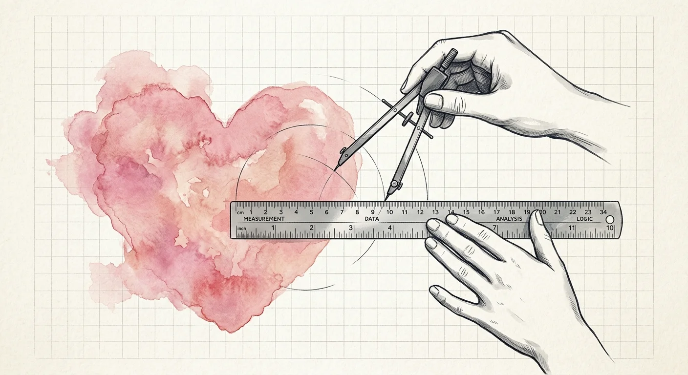 An illustration of a soft pink watercolor heart being rigidly measured by cold, metallic drafting tools.