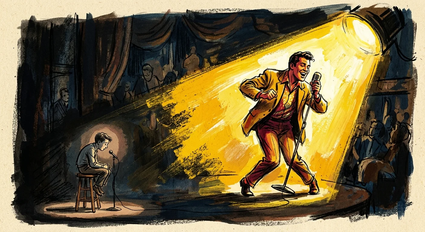 An illustration of a tiny spotlight on a quiet figure being completely overtaken by a giant golden spotlight on a loud figure.