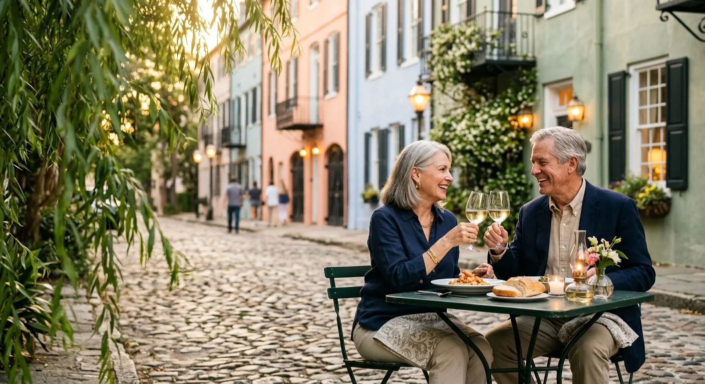An older couple dines on a historic cobblestone patio in Charleston, South Carolina, surrounded by pastel buildings and golden light.