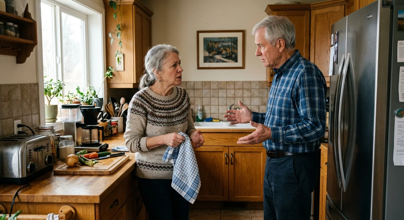 An older couple having a tense conversation in a kitchen, with one gesturing defensively.