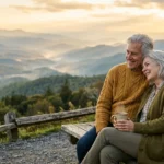 An older couple in cozy sweaters sits together on a wooden bench, overlooking a misty mountain valley during golden hour.