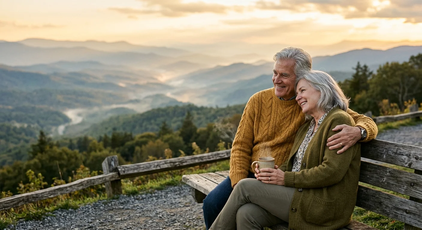 An older couple in cozy sweaters sits together on a wooden bench, overlooking a misty mountain valley during golden hour.