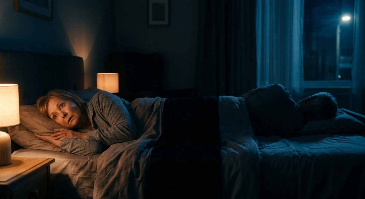 An older couple lying back-to-back in bed at night, with one side of the bed lit and the other in dark shadow.