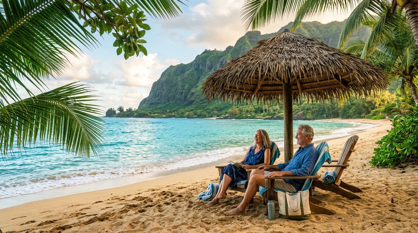 An older couple relaxes in lounge chairs under a palapa on a quiet beach in Kauai, looking at turquoise water and green cliffs.