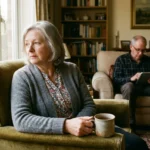 An older couple sitting in a cozy living room, showing emotional distance as one looks out the window and the other looks at a tablet.