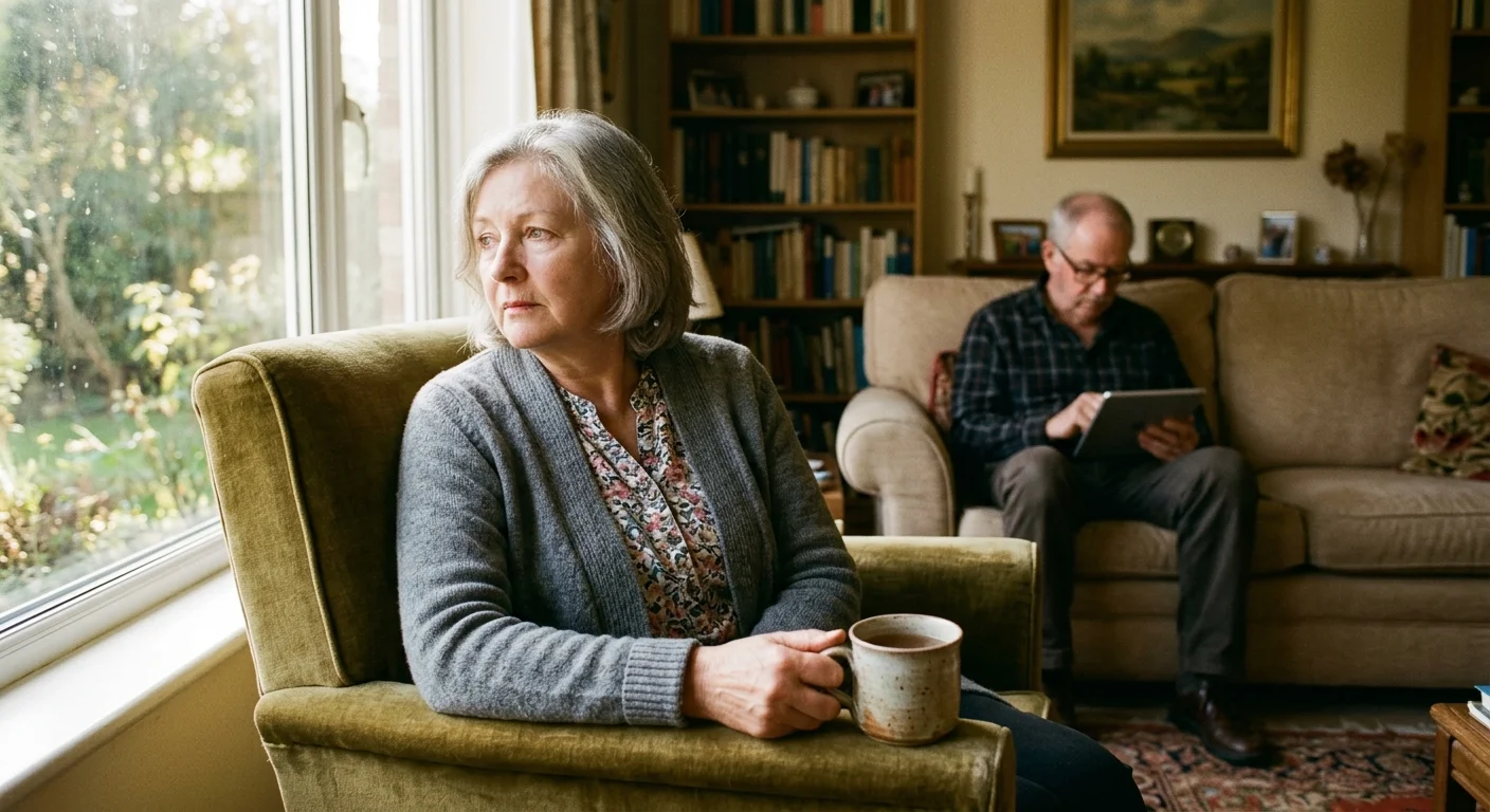 An older couple sitting in a cozy living room, showing emotional distance as one looks out the window and the other looks at a tablet.