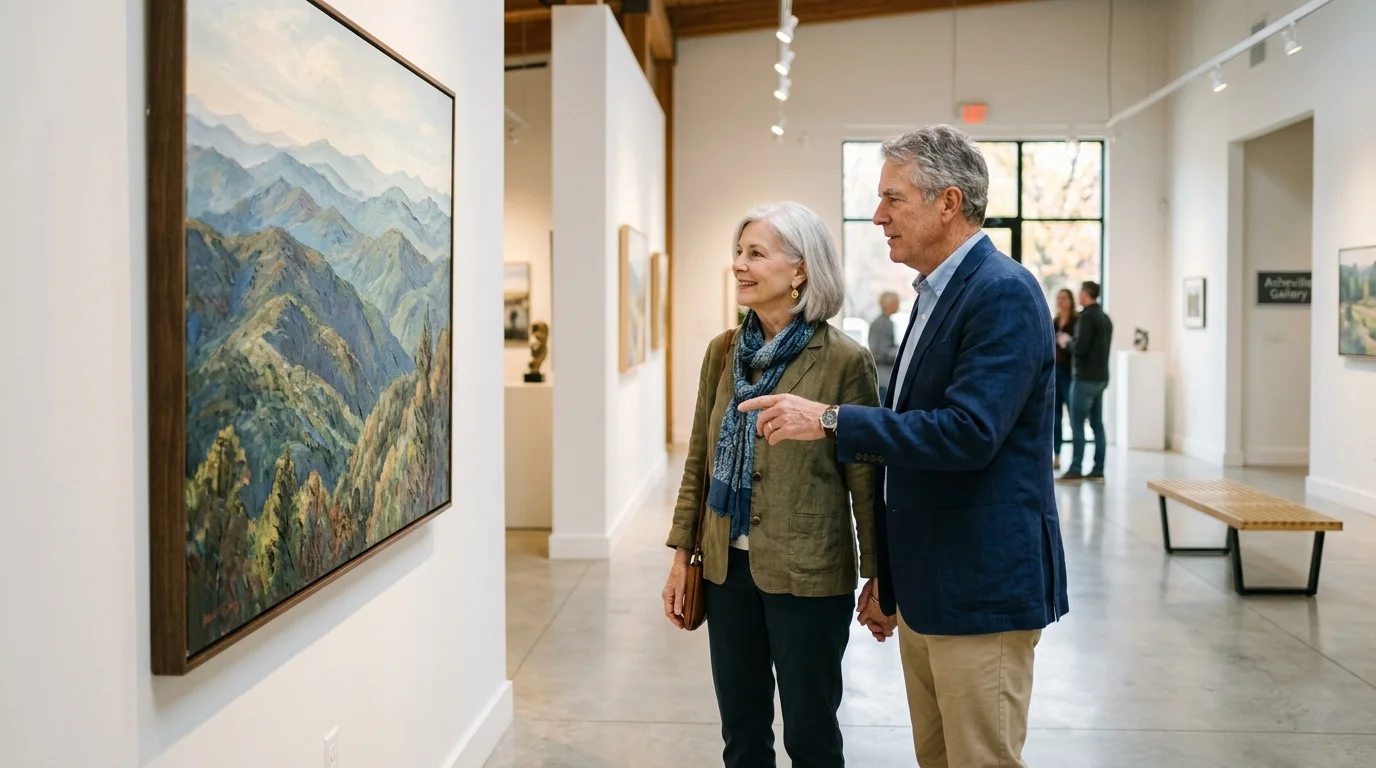 An older couple stands in a bright, modern art gallery in Asheville, admiring a large landscape painting of the Blue Ridge Mountains.