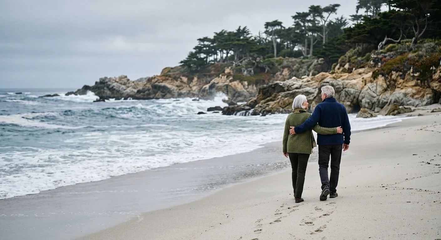 An older couple walks arm-in-arm along a white sand beach in Carmel, California, near misty cliffs and cypress trees.