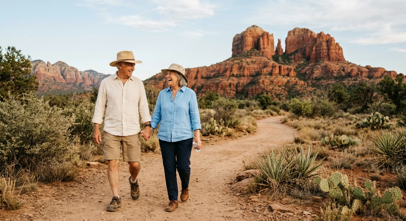 An older couple walks hand-in-hand along a red dirt path in Sedona, Arizona, with towering red rocks in the background.