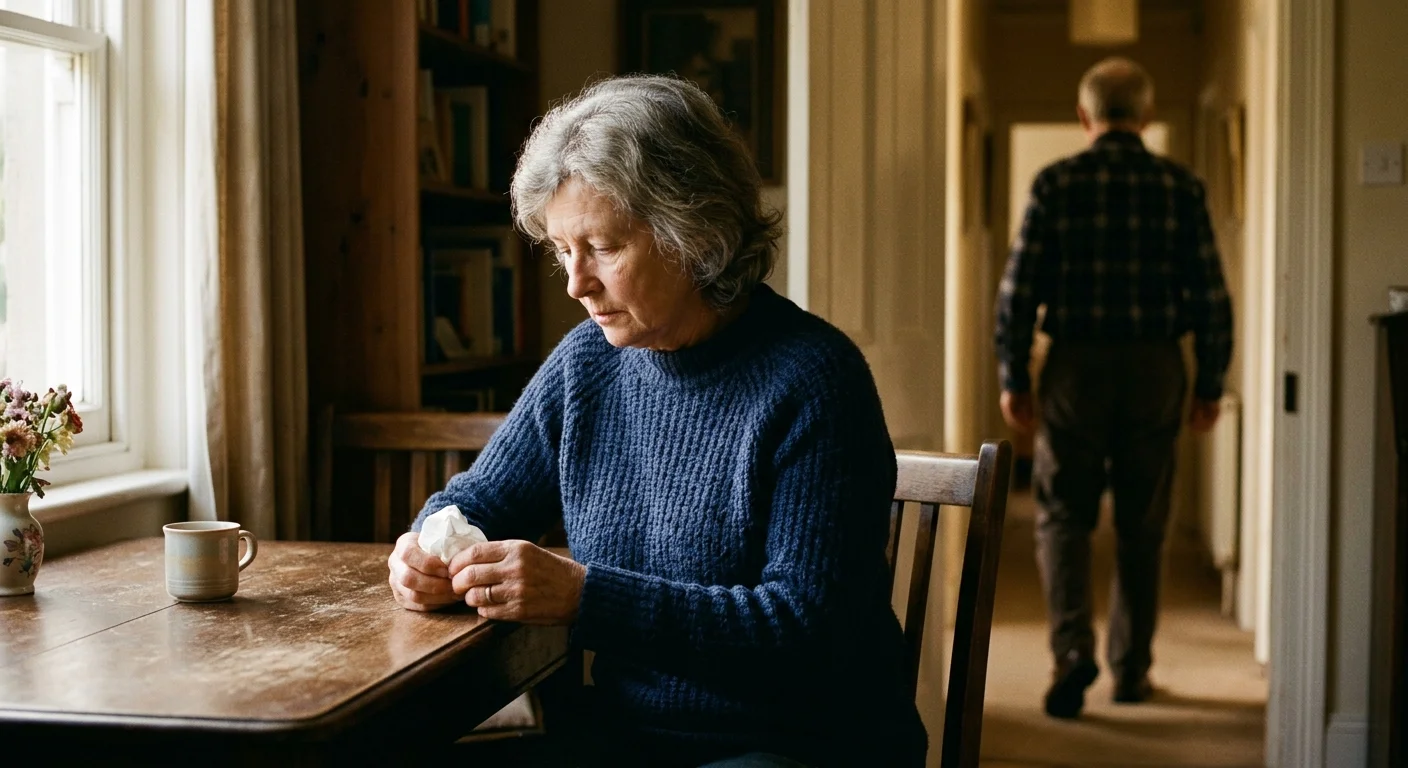 An older woman sitting alone at a dining table looking sad while her partner walks away in the background.