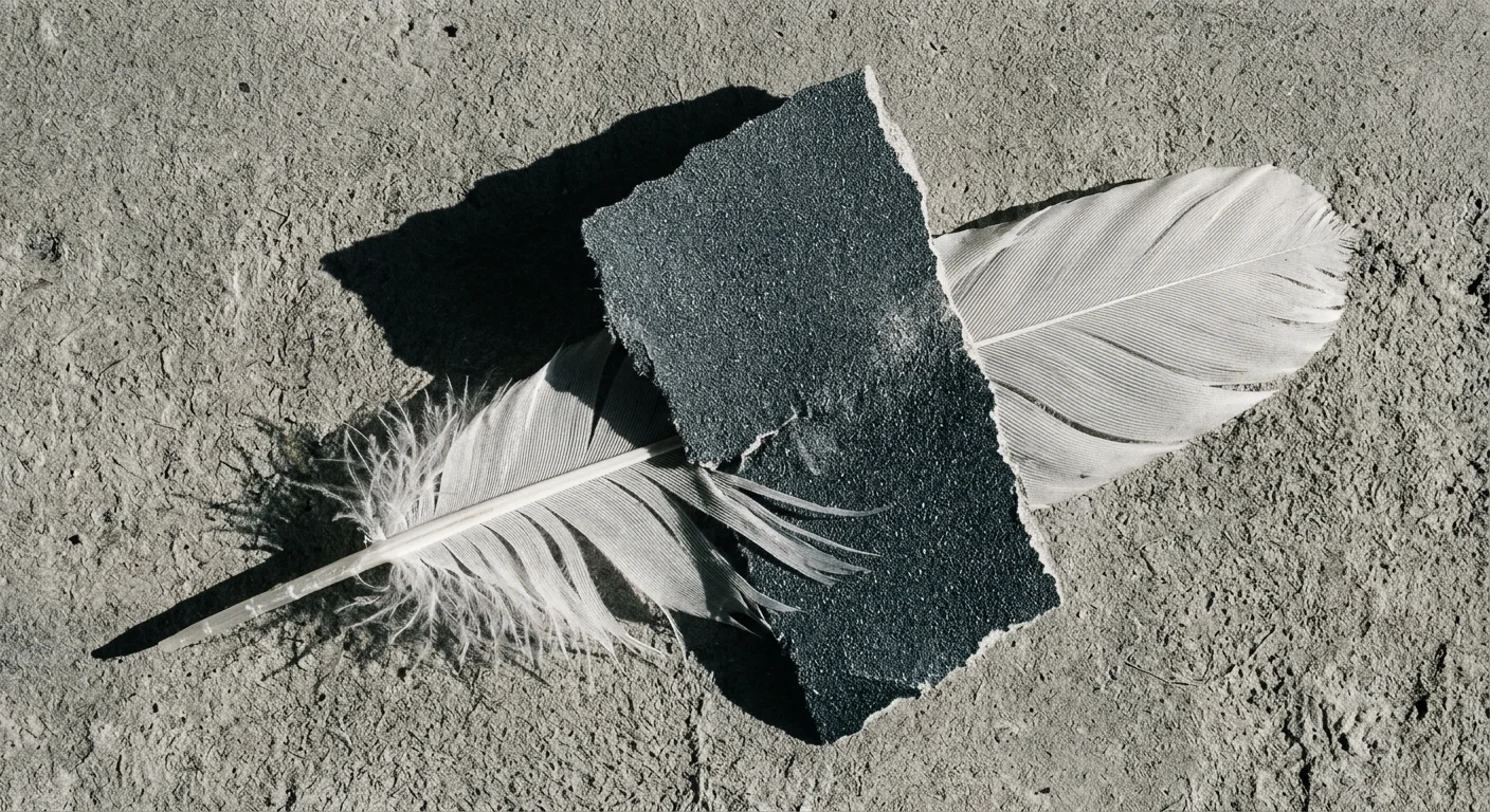 Collage of a delicate white feather being weighed down and crushed by a rough, dark piece of sandpaper.