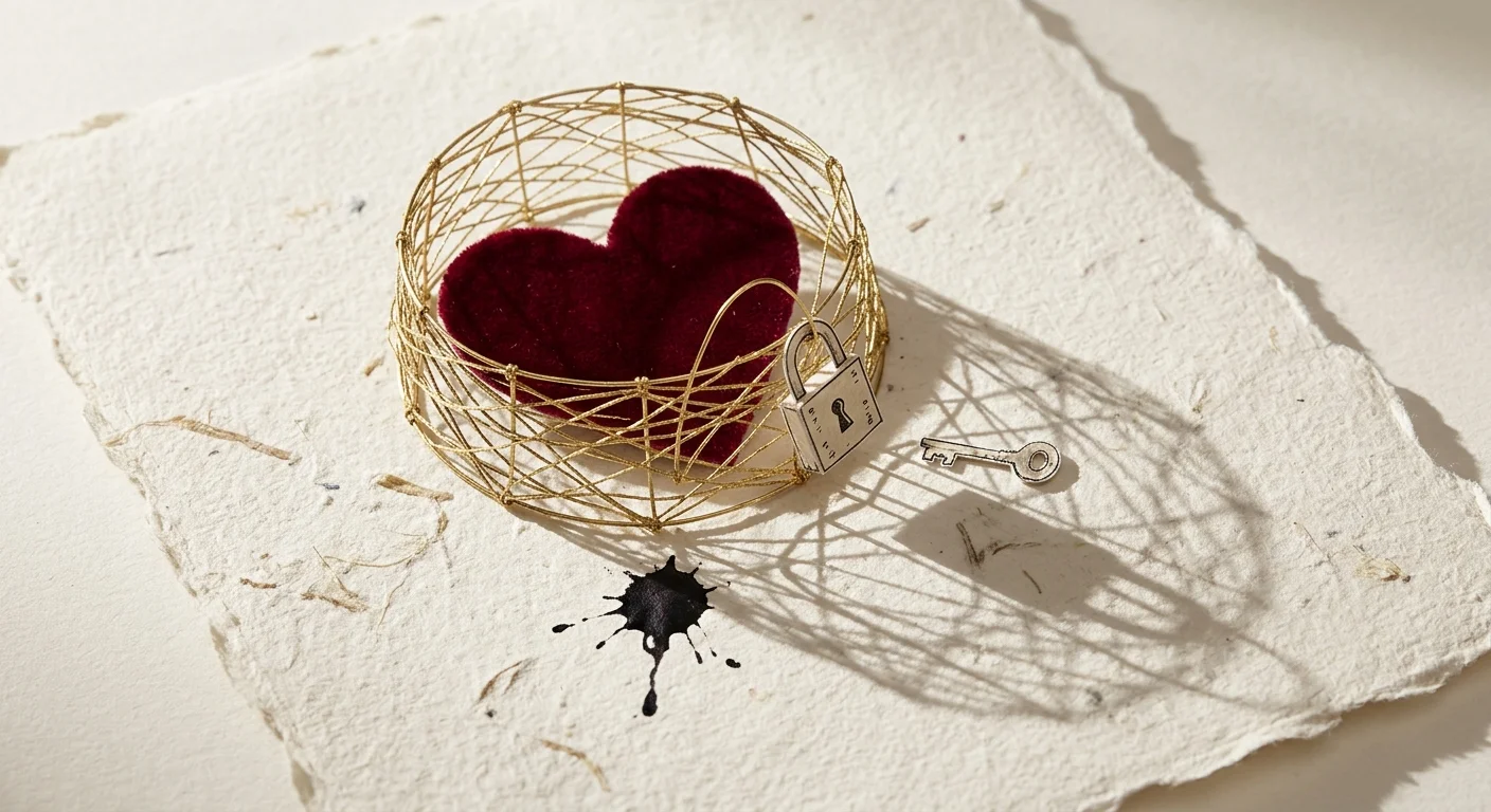 Collage of a red velvet heart locked inside a delicate cage made of gold threads, symbolizing conditional love.