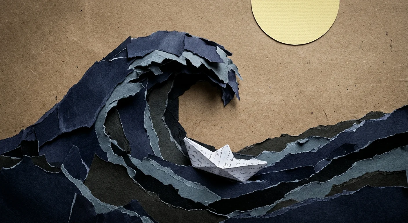 Collage of a tiny, fragile white paper boat sailing on a massive, towering wave of dark torn construction paper.