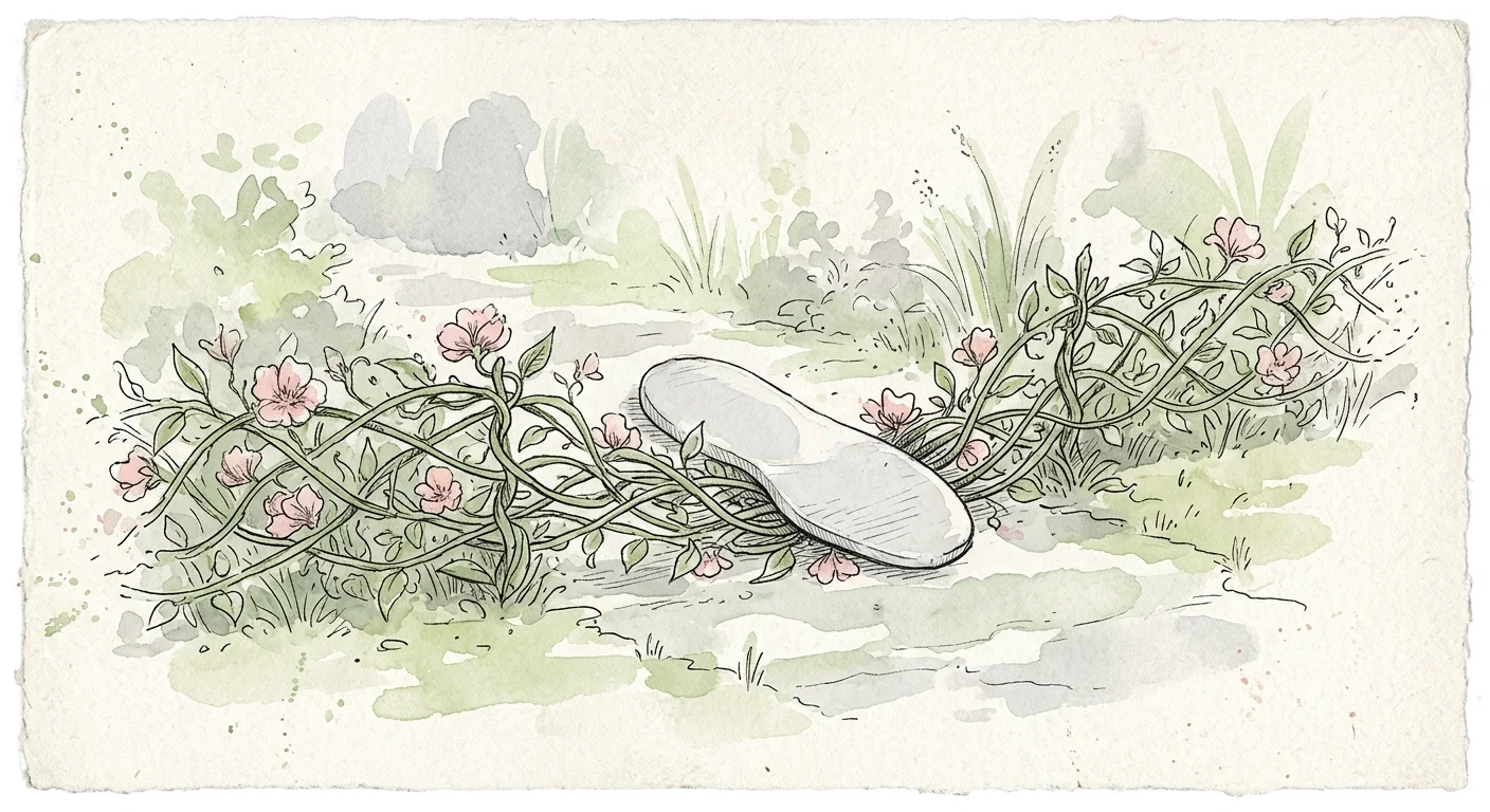 Illustration of a delicate flower fence being stepped over by a large, faint footprint.