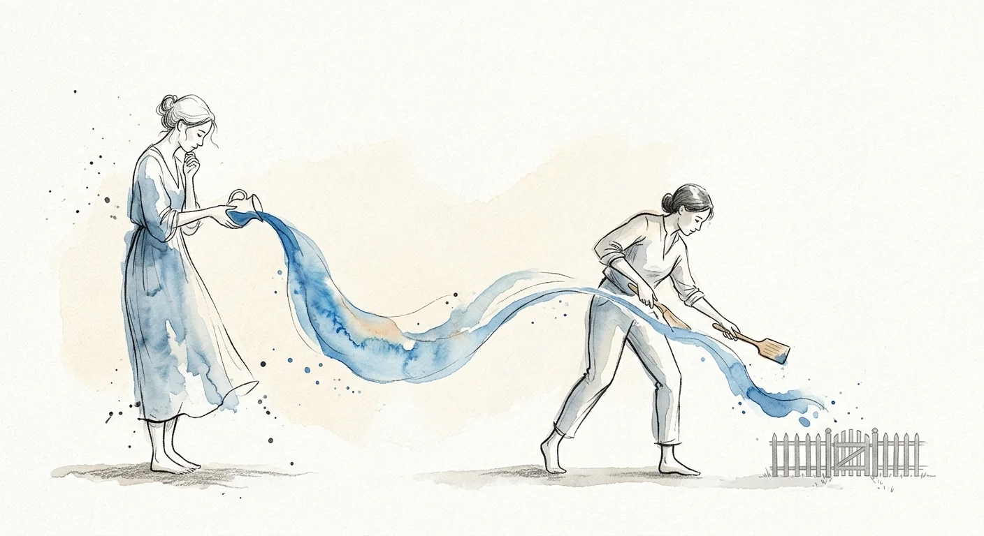Ink and watercolor illustration of a person redirecting a stream of blue watercolor away from them toward a simple drawing of a fence.