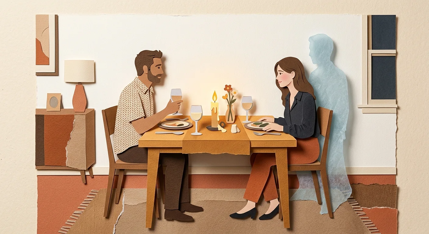 Paper collage of a couple at dinner with a faint, dusty blue paper silhouette of an ex-partner looming behind one of the chairs.