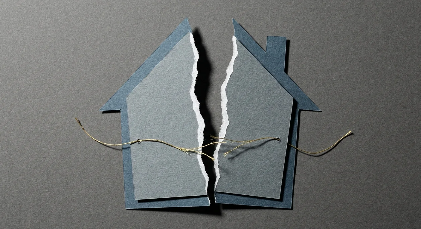 Paper collage of a stylized house torn down the middle, loosely held together by a single fraying gold thread.