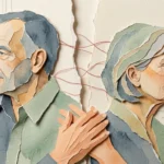 Torn paper collage of an older couple facing away but holding hands, symbolizing fragile emotional connection.