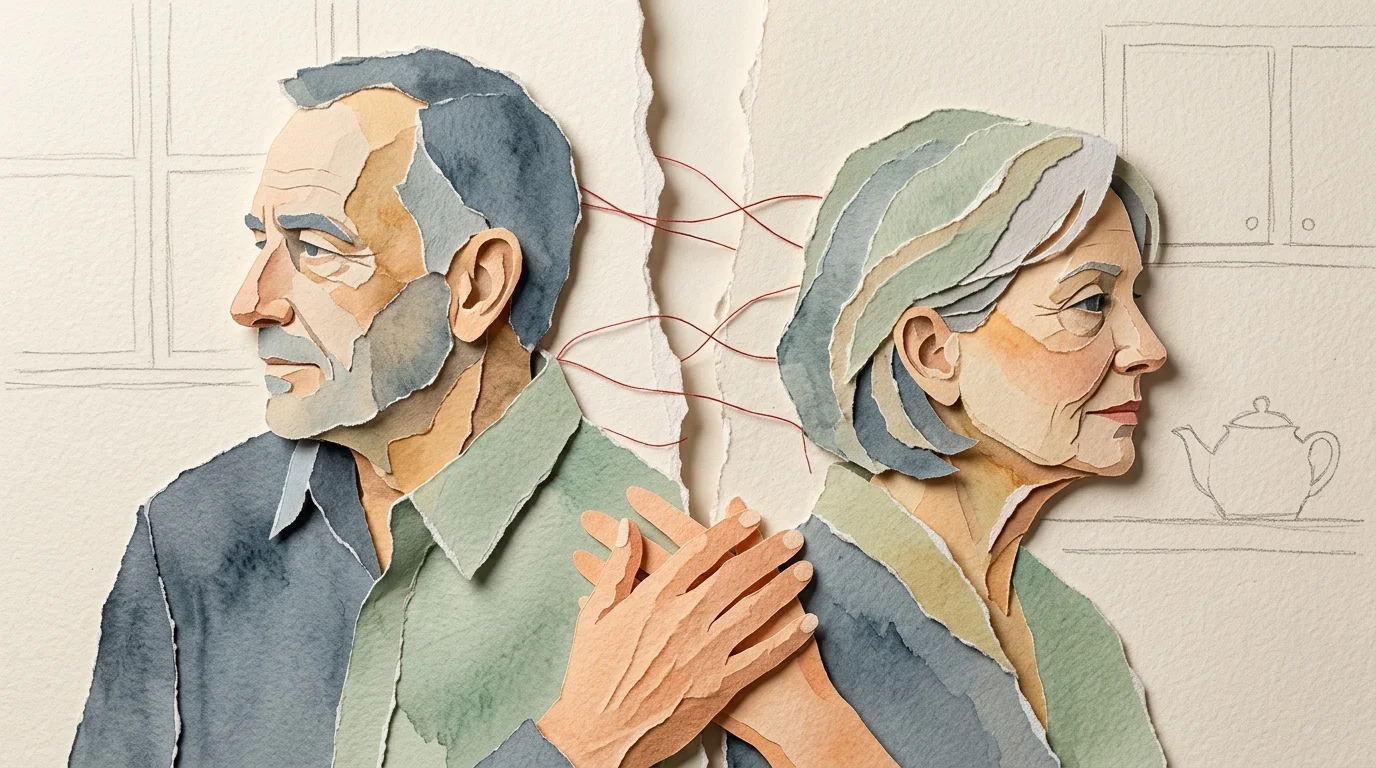 Torn paper collage of an older couple facing away but holding hands, symbolizing fragile emotional connection.