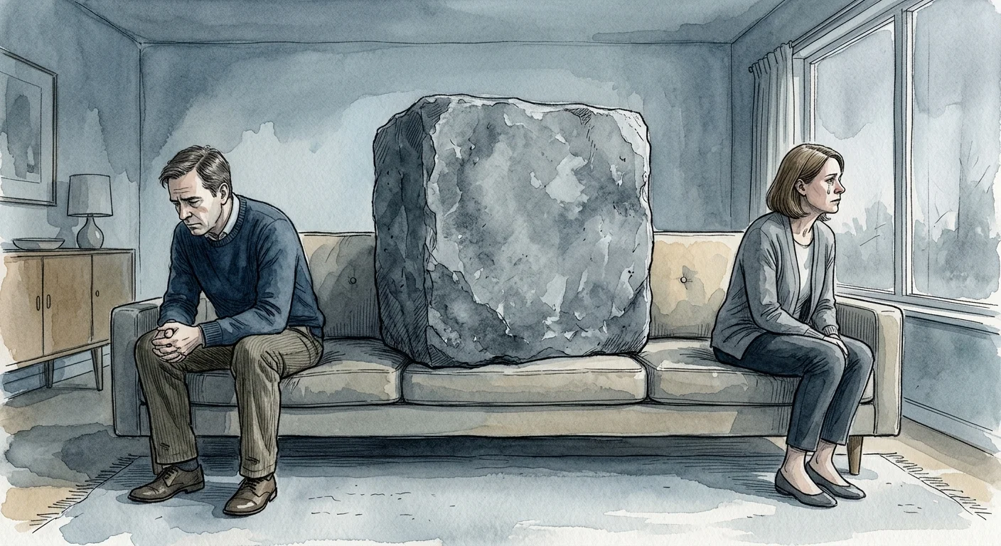 Watercolor illustration of a couple sitting on opposite ends of a sofa with a massive gray stone block separating them.