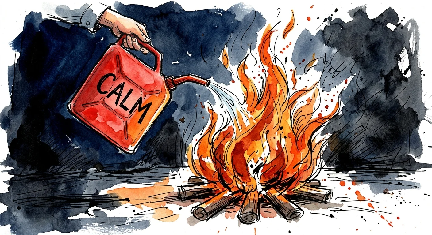 Watercolor illustration of a hand pouring fuel from a can labeled 'CALM' onto a roaring campfire.