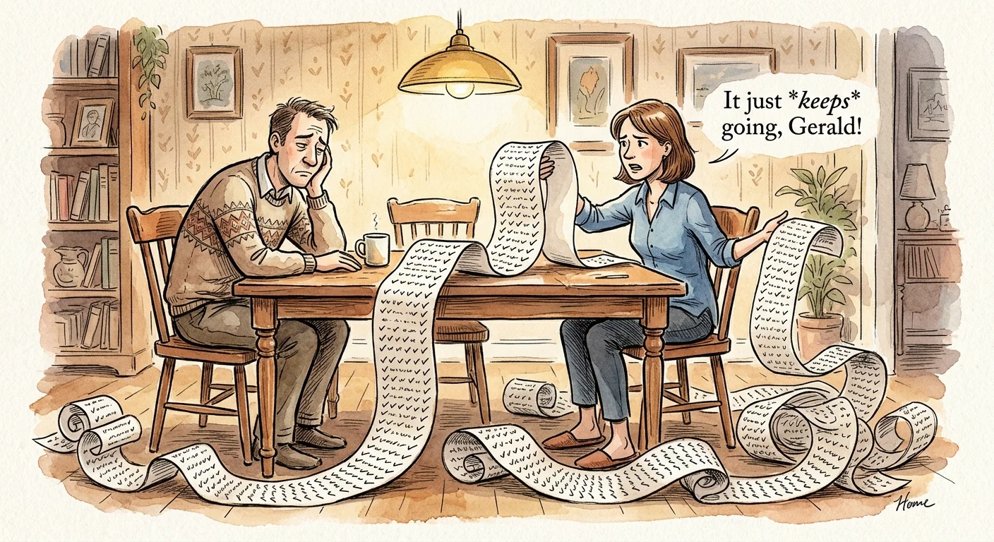 Watercolor illustration of a husband looking overwhelmed by an incredibly long scroll of checklist items held by his wife.