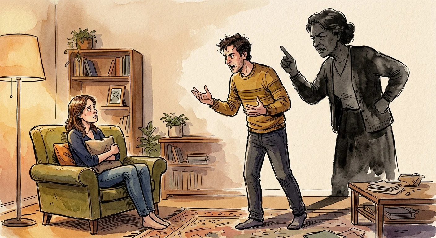 Watercolor illustration of a man arguing, with his shadow on the wall taking the shape of a stern, pointing parent.