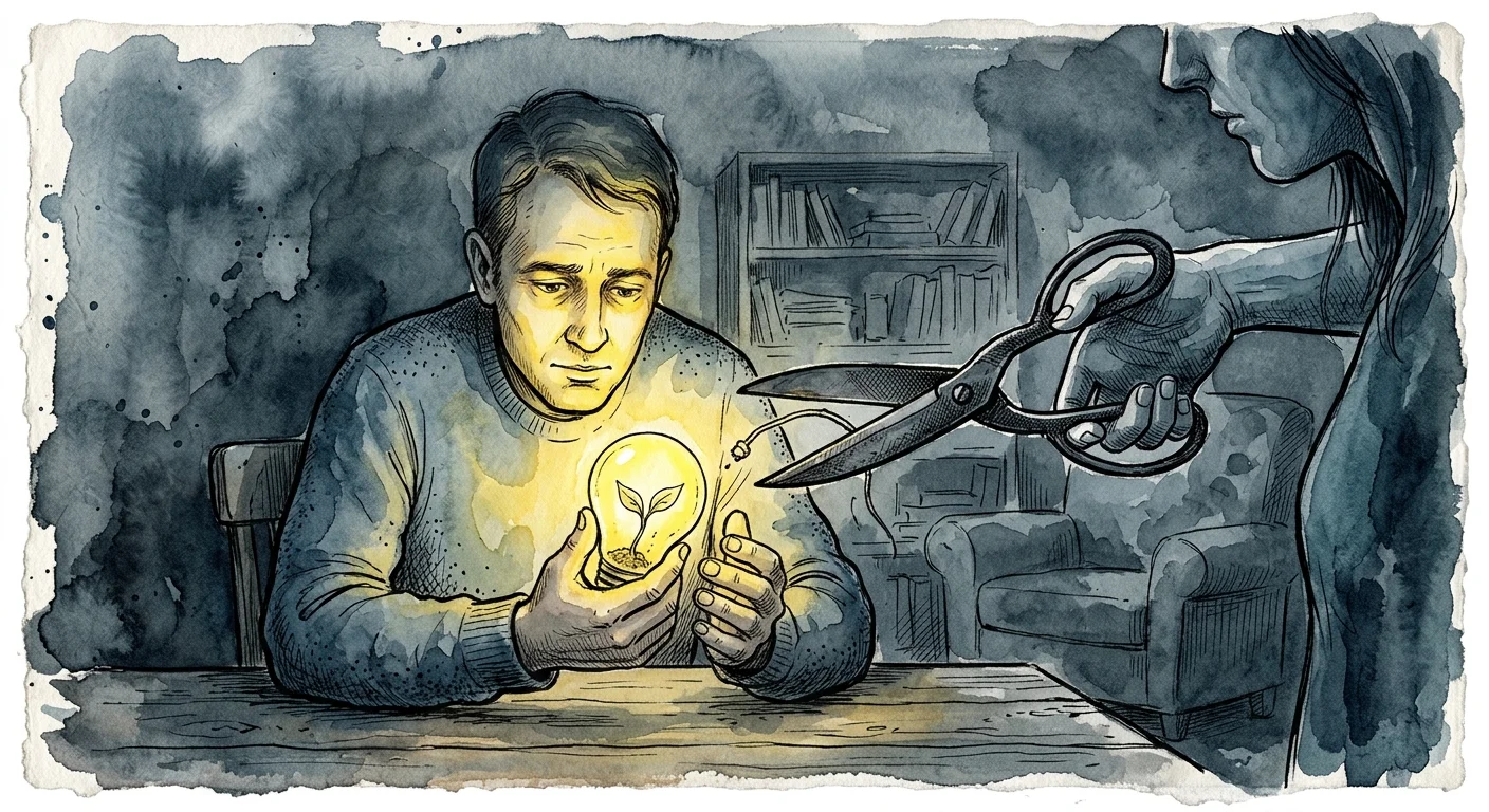 Watercolor illustration of a man holding a glowing lightbulb idea while scissors reach in from the side to snip the cord.
