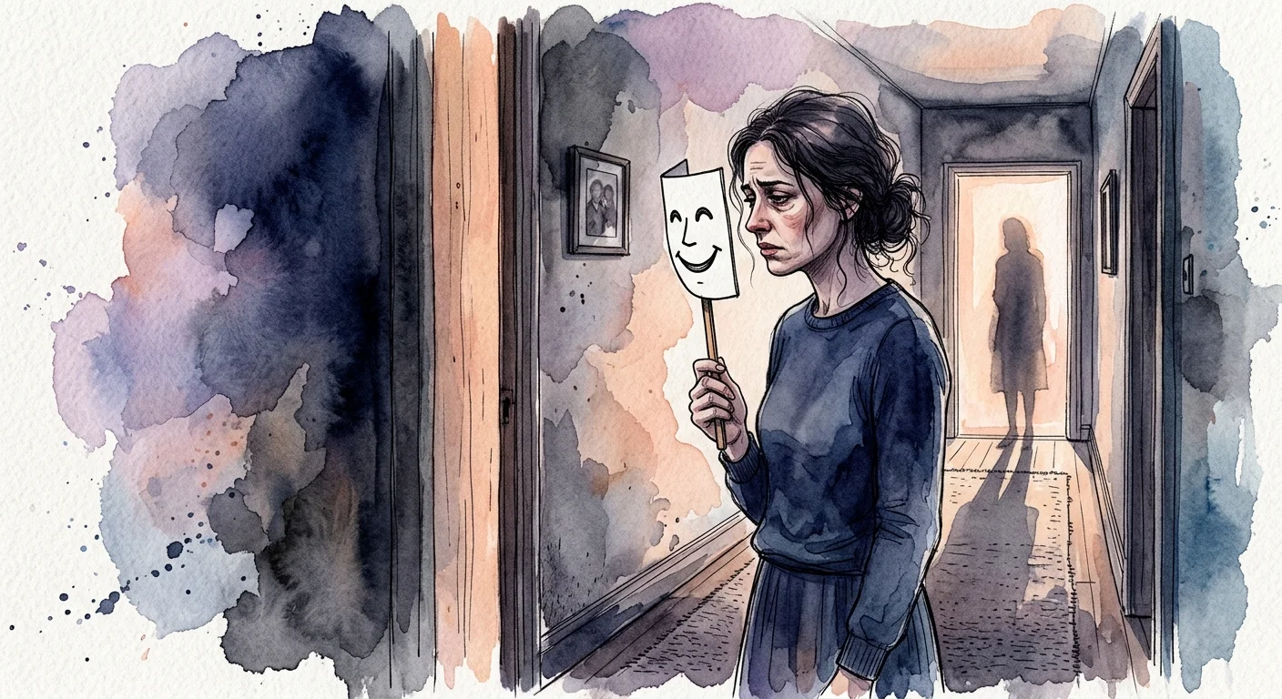 Watercolor illustration of a woman holding a happy mask in front of her face, while her real expression behind it is sad.