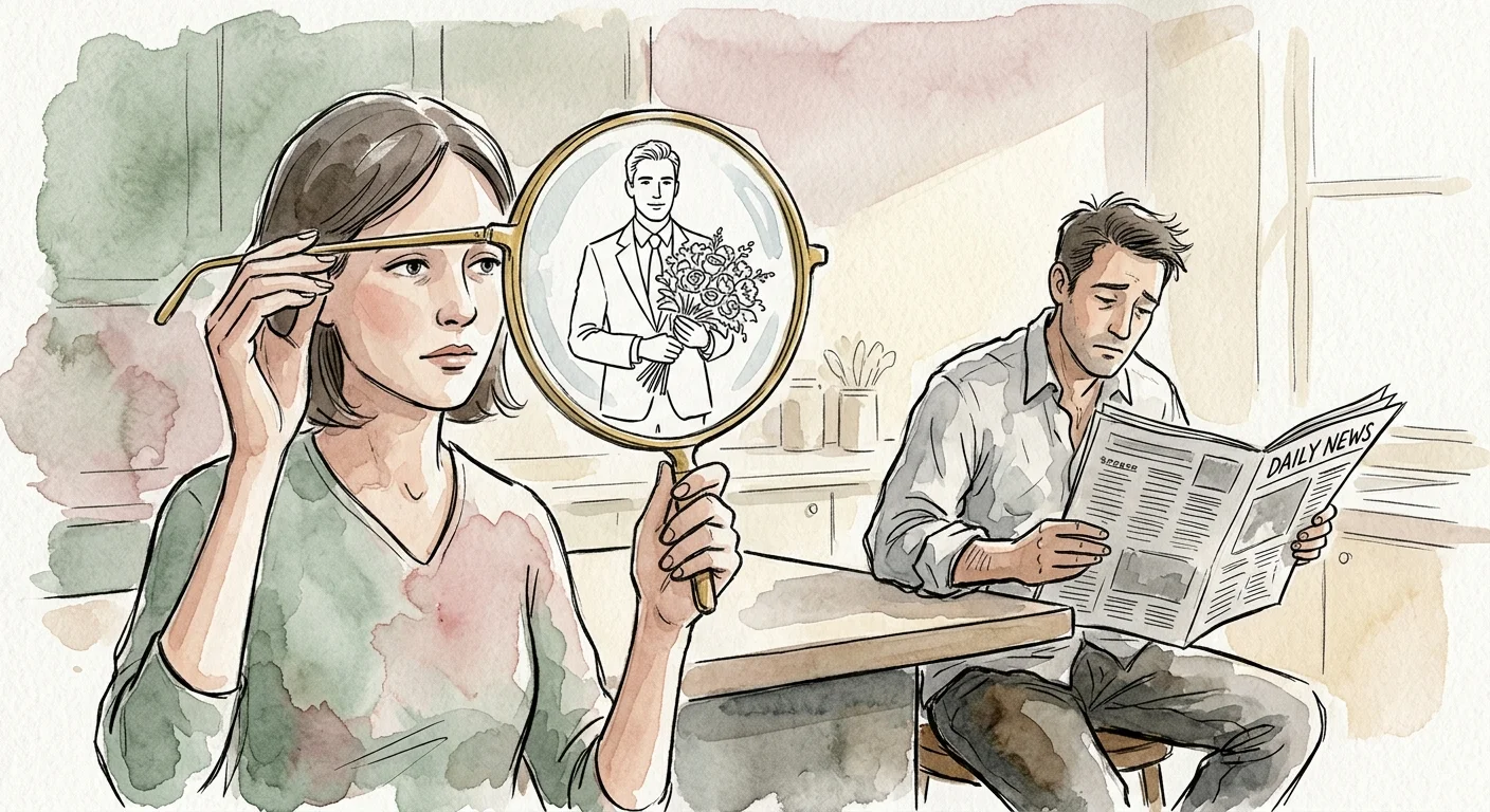 Watercolor illustration of a woman looking at her husband through a lens that projects an idealized, different silhouette.