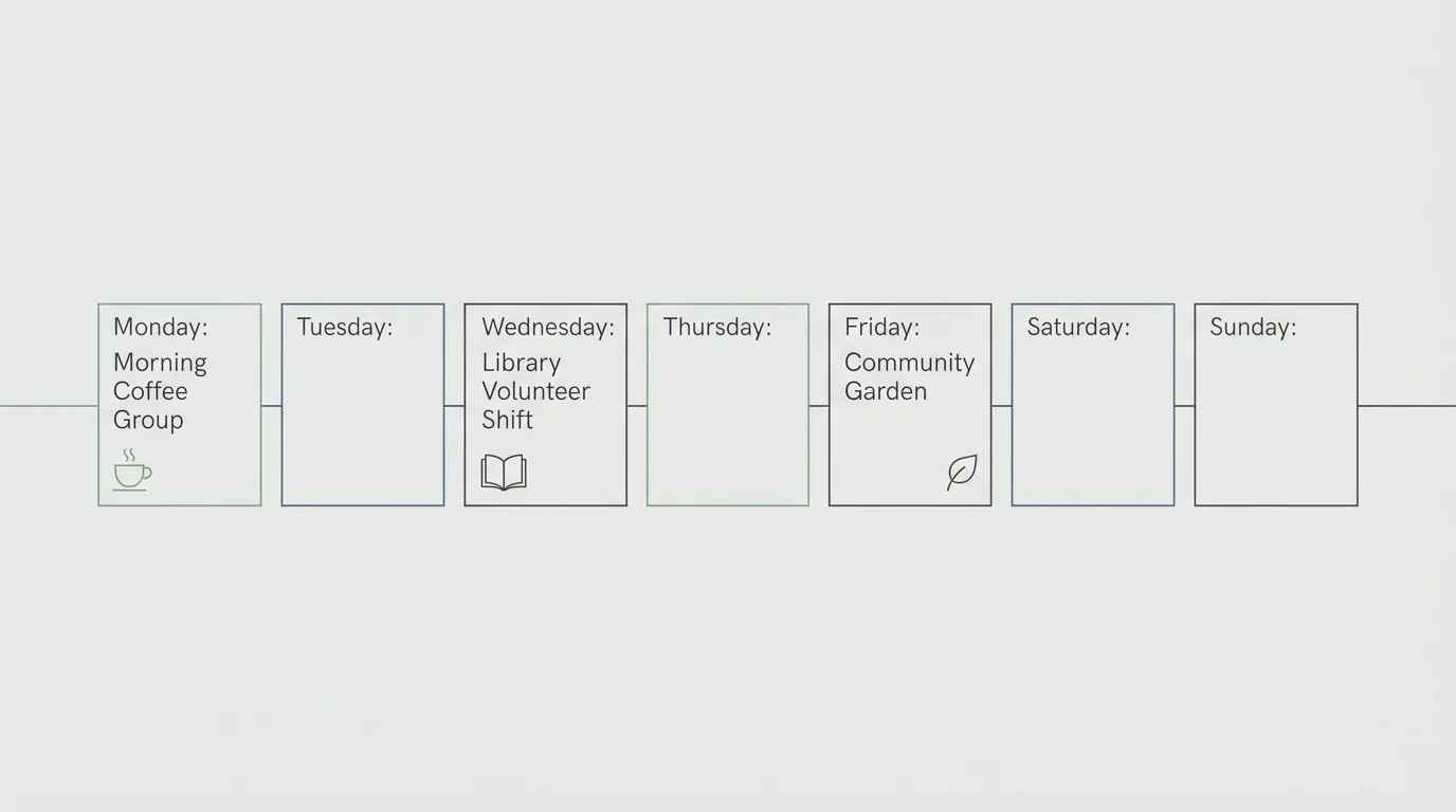 A clean horizontal calendar diagram mapping out a balanced weekly schedule of coffee, volunteering, and gardening.