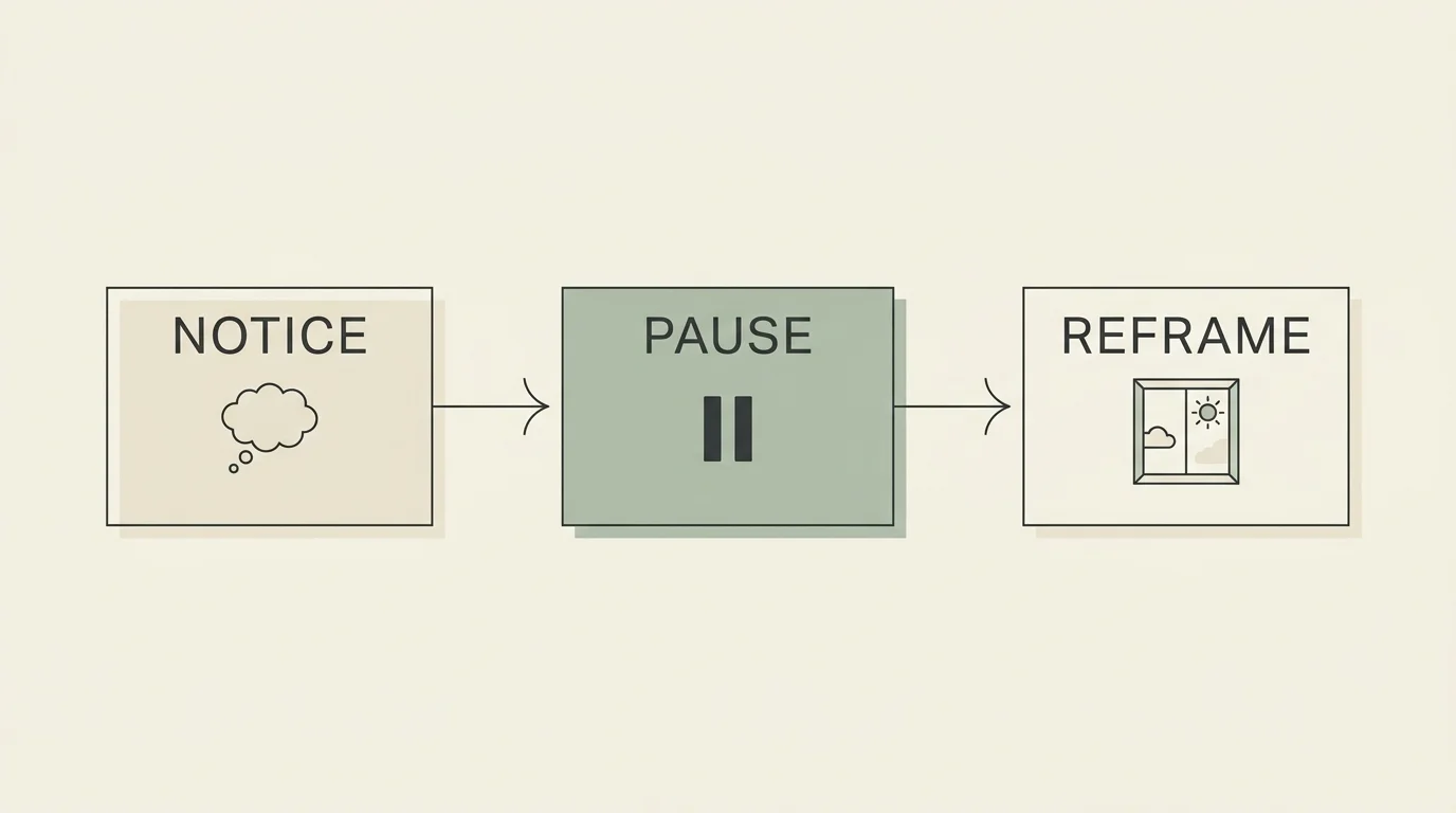 A clean, minimalist 3-step diagram showing the steps: Notice, Pause, and Reframe.